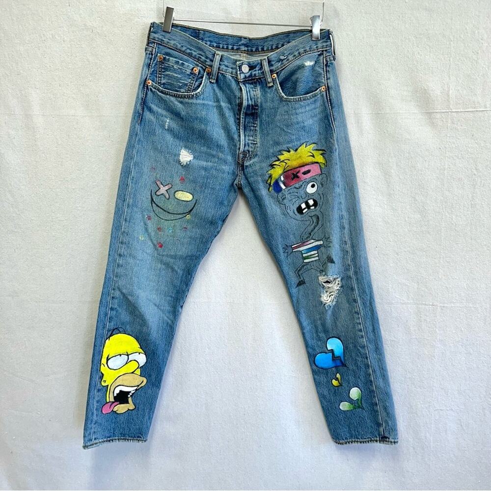 Levi's 501 custom hand painted cartoon graffiti high waist jeans size 32x30 - Picture 2 of 16